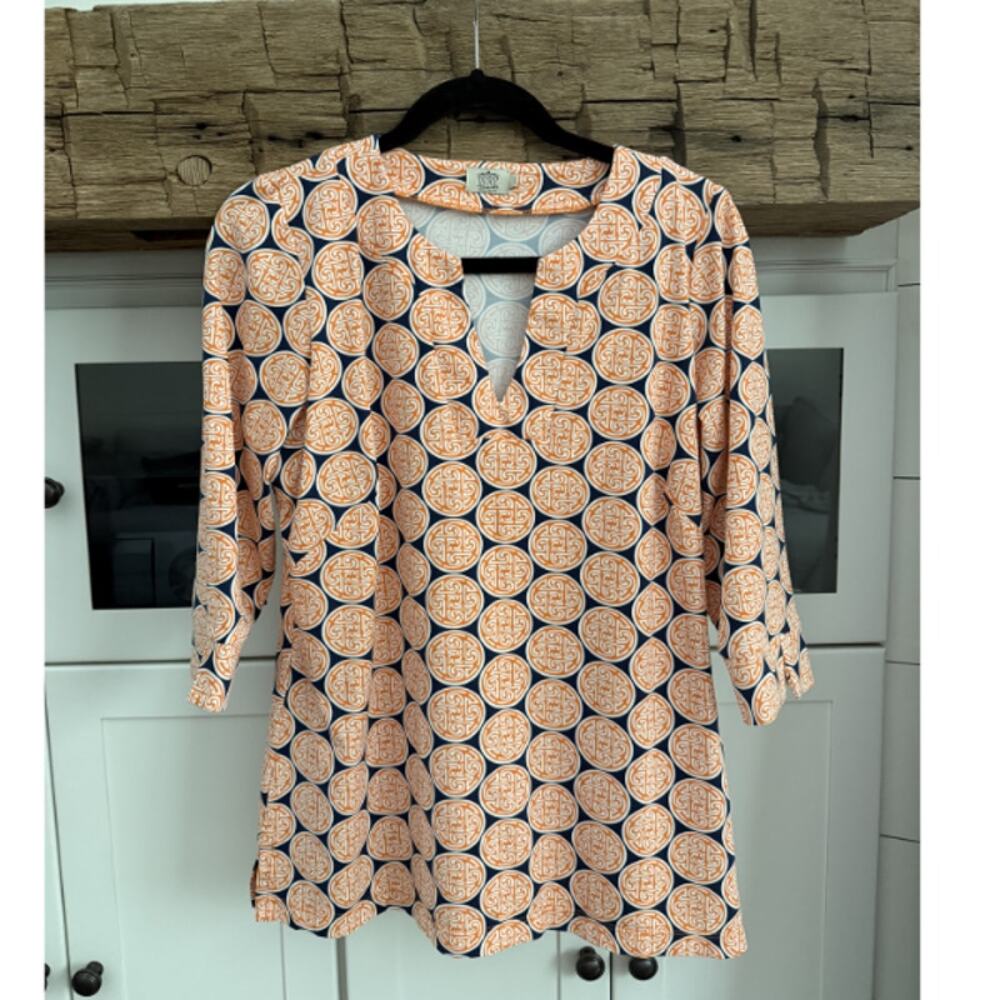 Katherine Way Orange Navy Geometric Tunic Top 3/4 Sleeve Made in USA Size L